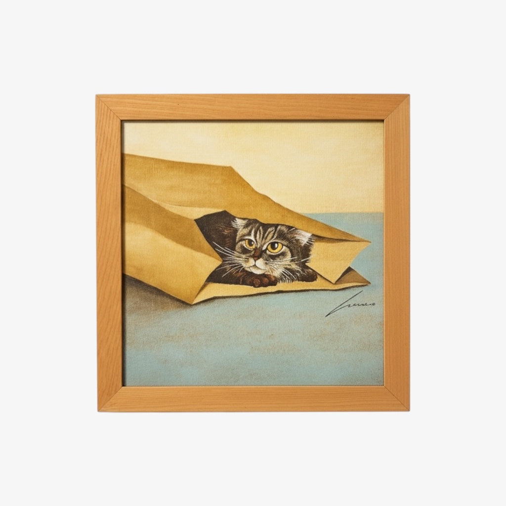 1982 Vintage "Cat In Brown Paper Bag" Framed Ceramic Tile Wall Hanging by Lowell Herrero