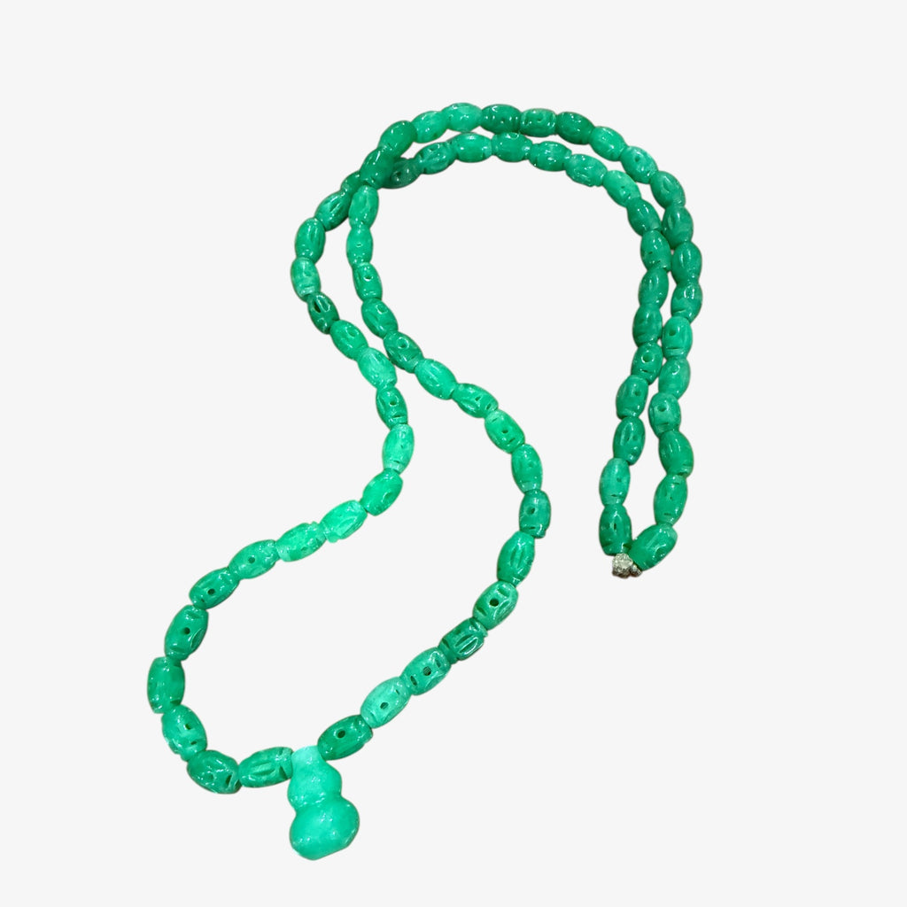 Vintage Green Bead Necklace with Gourd Pendant 30"L