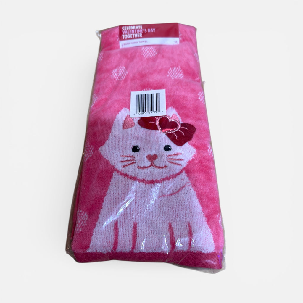 "Celebrate Valentine's Day Together" Pink Cat Bath Hand Towel