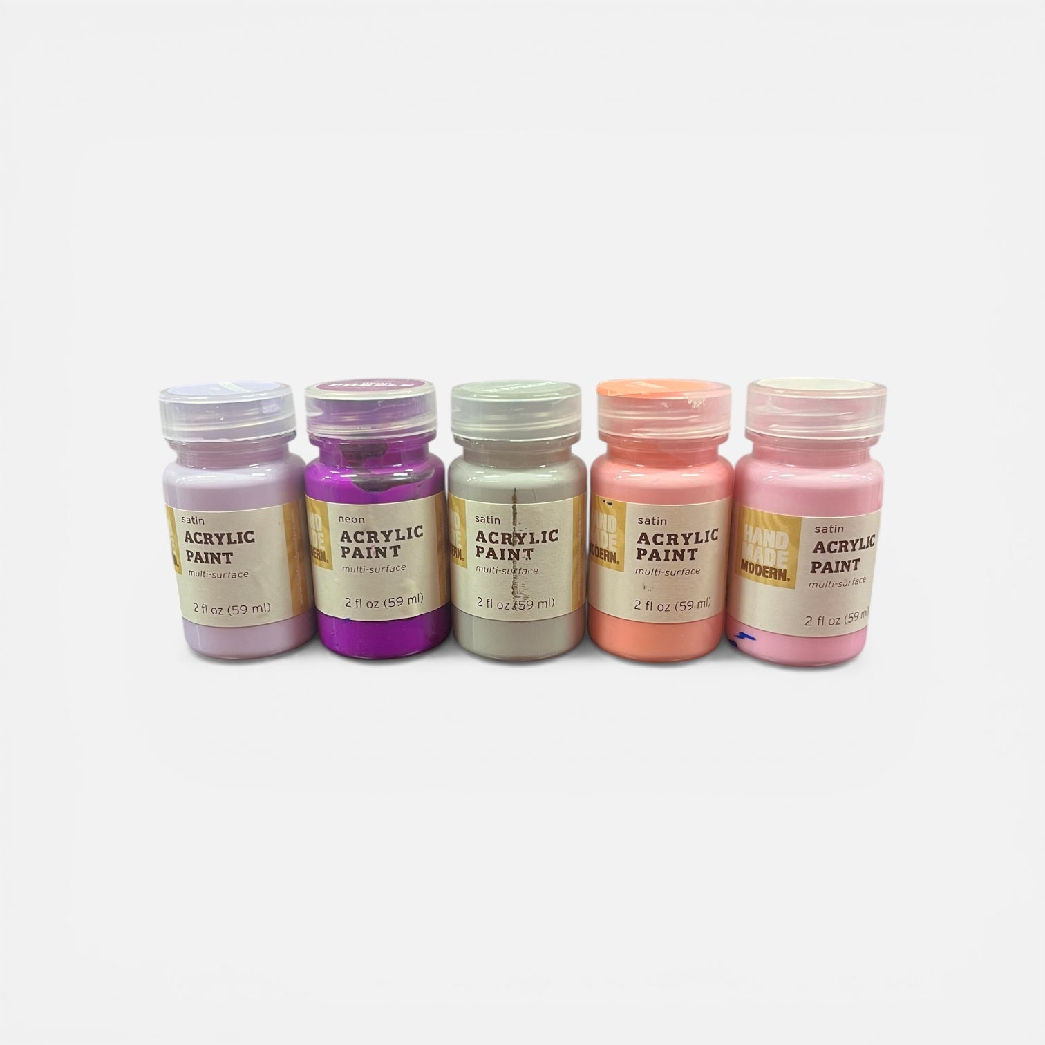 Hand Made Modern Five Bottles of Acrylic Paint in Various Colors 2fl.oz.