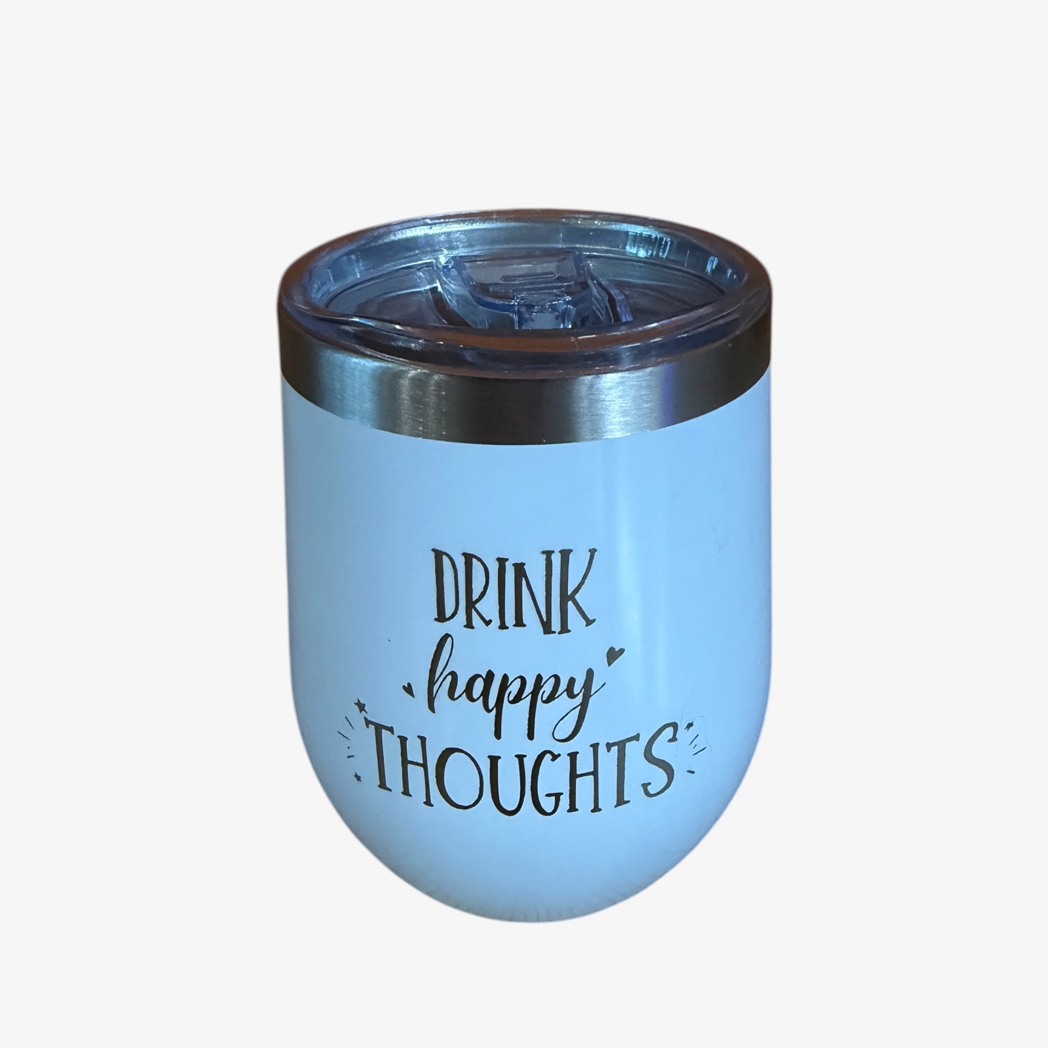 "Drink Happy Thoughts" Laser Etched Stemless Wine Tumbler 12oz White