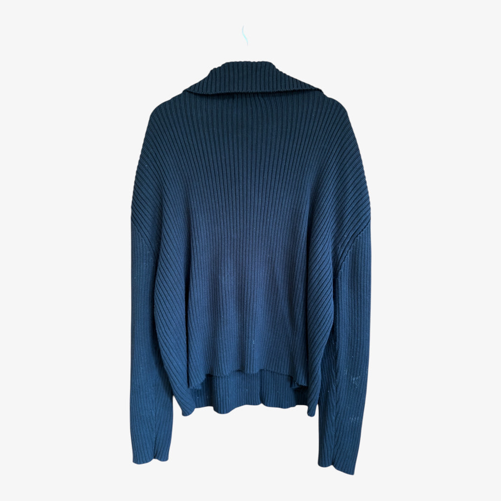 Black Ribbed Knit Button-Up Cardigan with Spread Collar Size: S