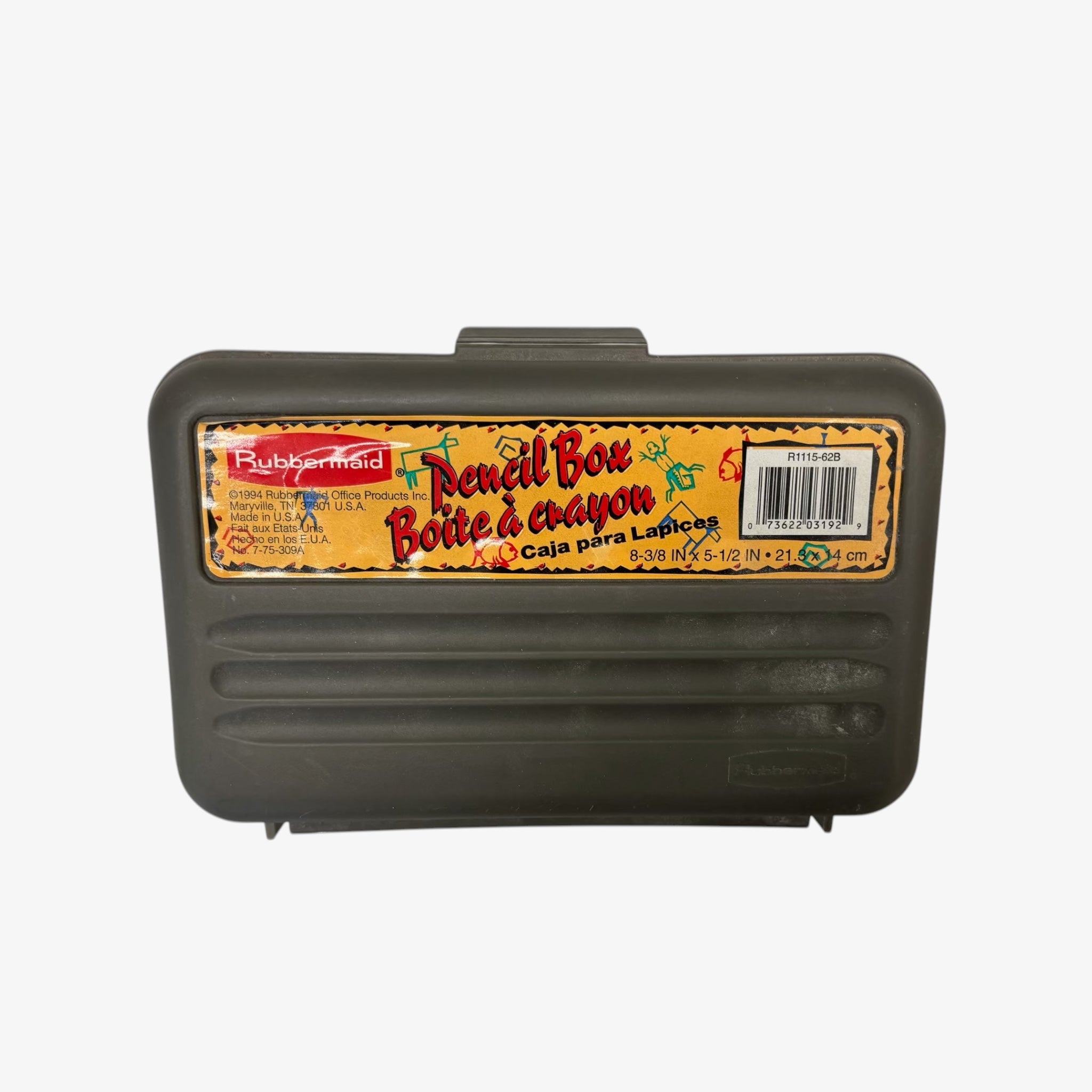 Rubbermaid Vintage Gray Plastic Pencil Box with Pencils and a Protractor