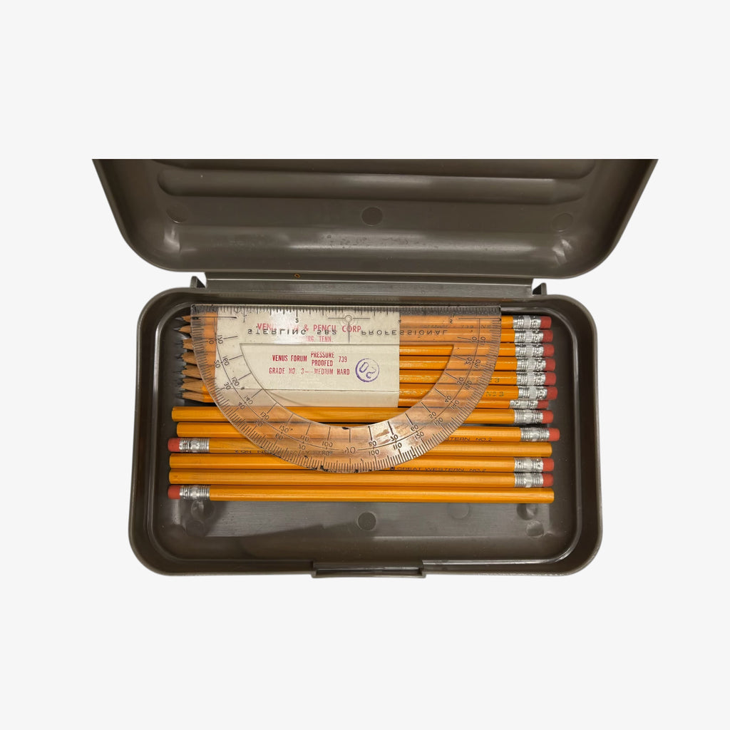 Rubbermaid Vintage Gray Plastic Pencil Box with Pencils and a Protractor
