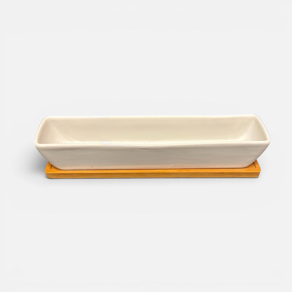 Rectangular White Ceramic Succulent Planter w/Bamboo Saucer 11" x 3" x 2"