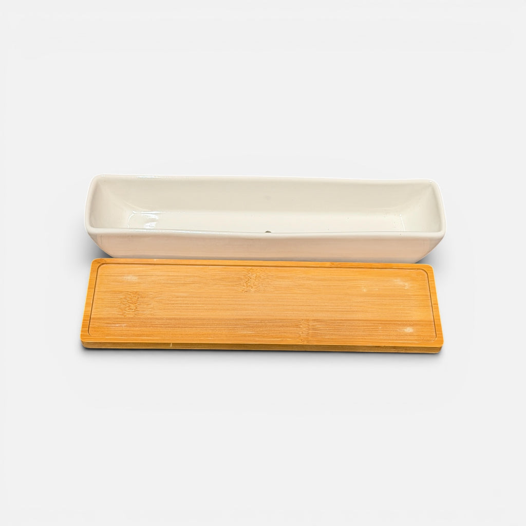 Rectangular White Ceramic Succulent Planter w/Bamboo Saucer 11" x 3" x 2"