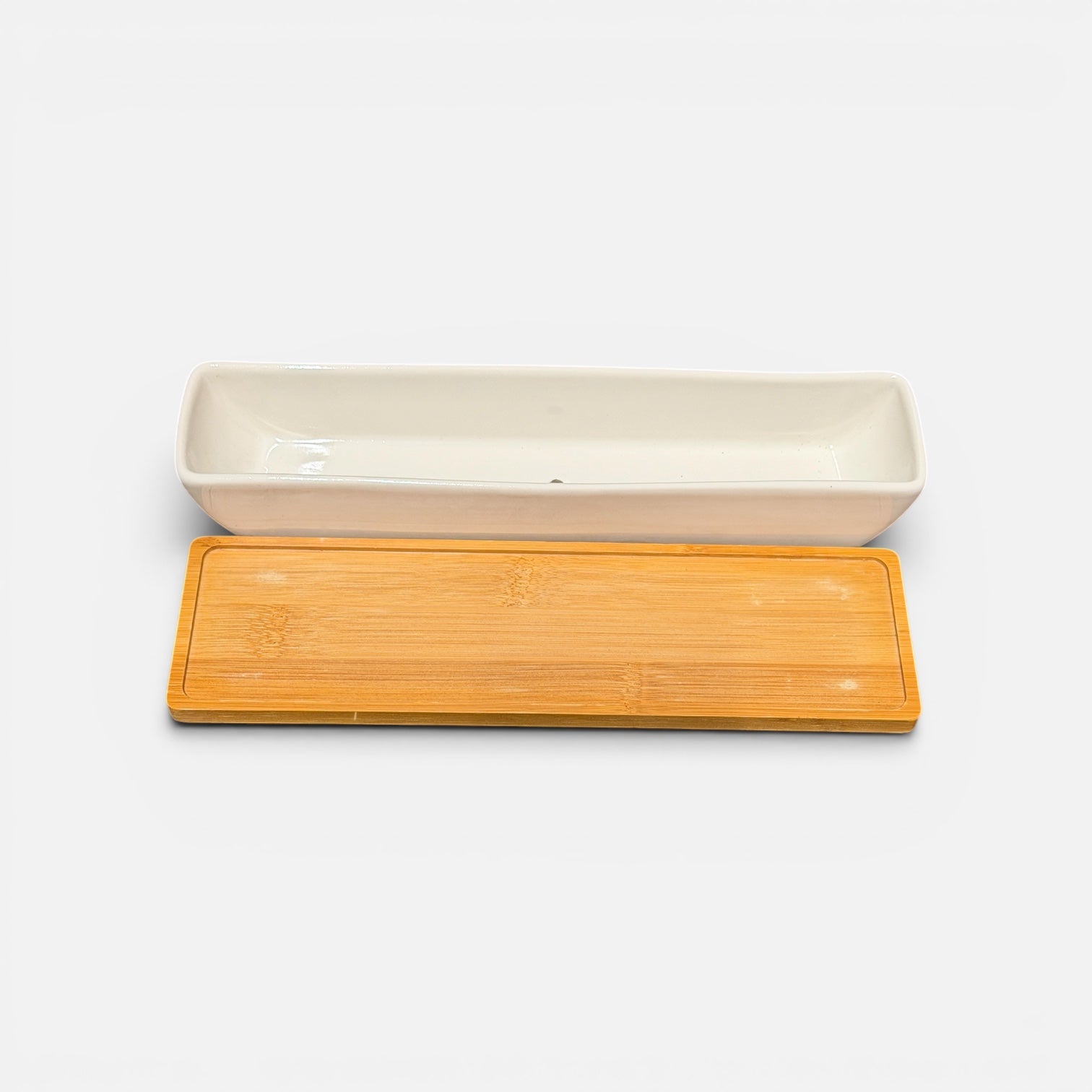 Rectangular White Ceramic Succulent Planter w/Bamboo Saucer 11" x 3" x 2"