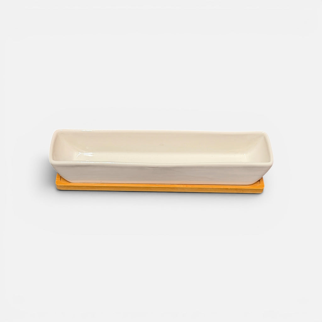 Rectangular White Ceramic Succulent Planter w/Bamboo Saucer 11" x 3" x 2"