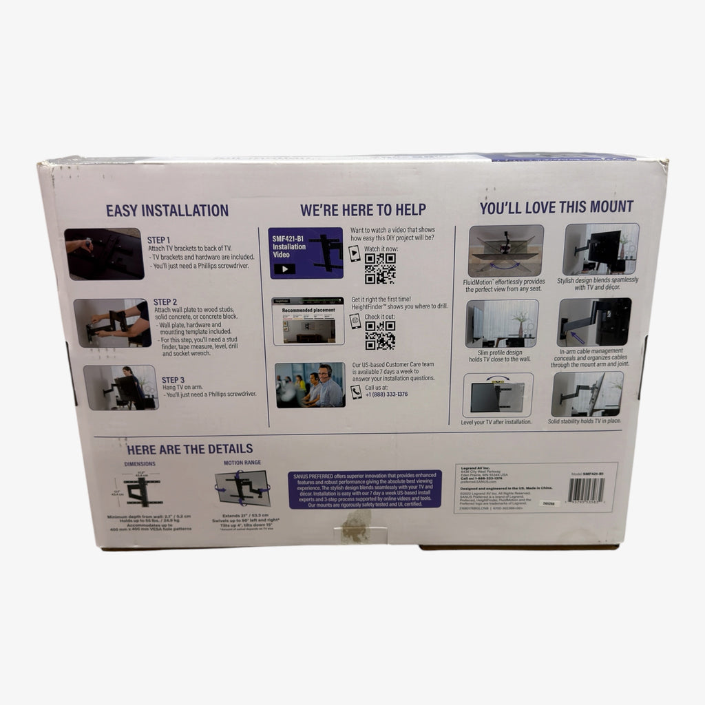 Sanus Model SMF421-B1 Full-Motion TV Wall Mount Fits 26"-55" Up to 55 lbs