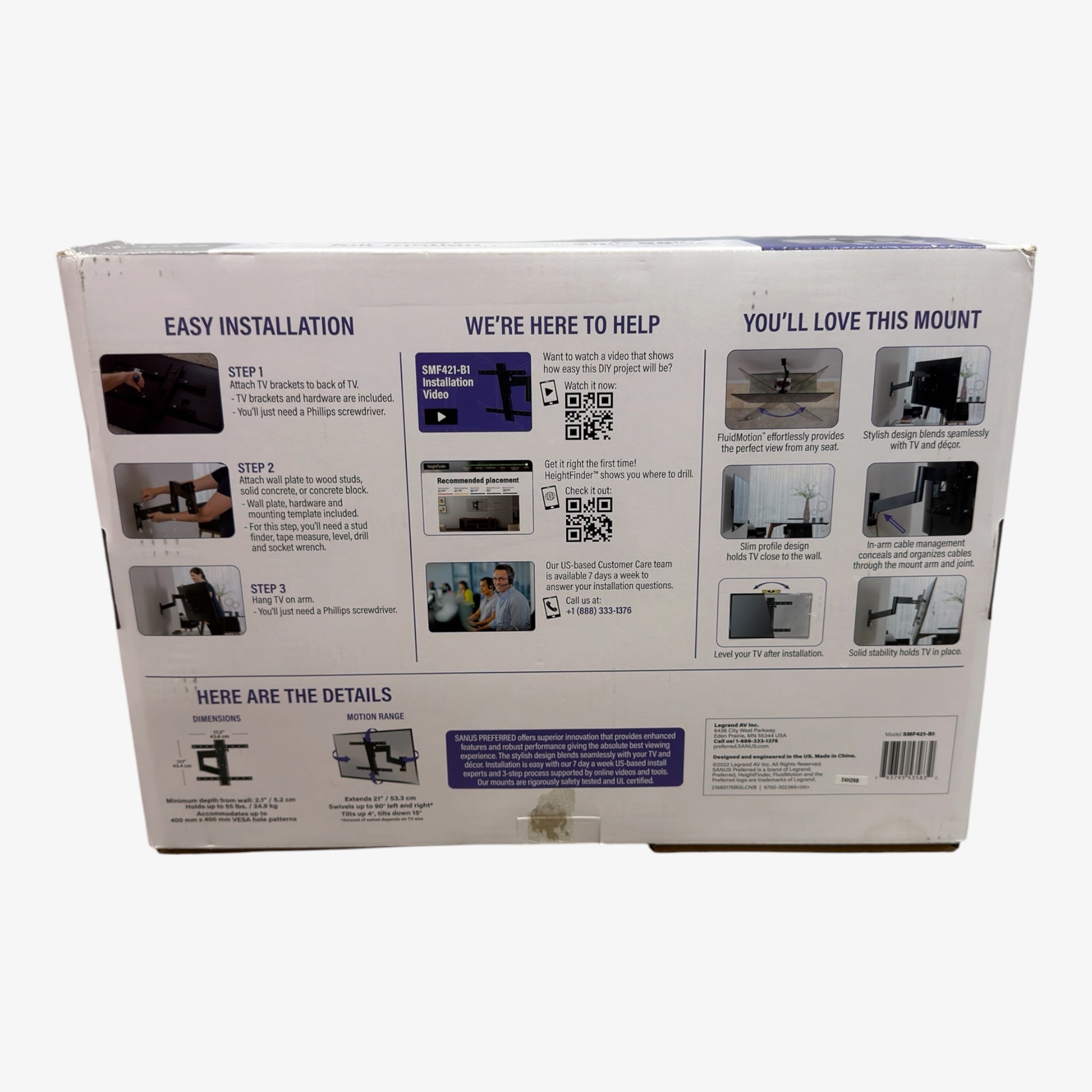 Sanus Model SMF421-B1 Full-Motion TV Wall Mount Fits 26"-55" Up to 55 lbs