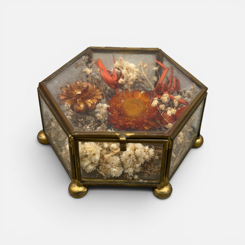 Vintage Glass and Brass Geometric Trinket Box w/ Dried Flowers