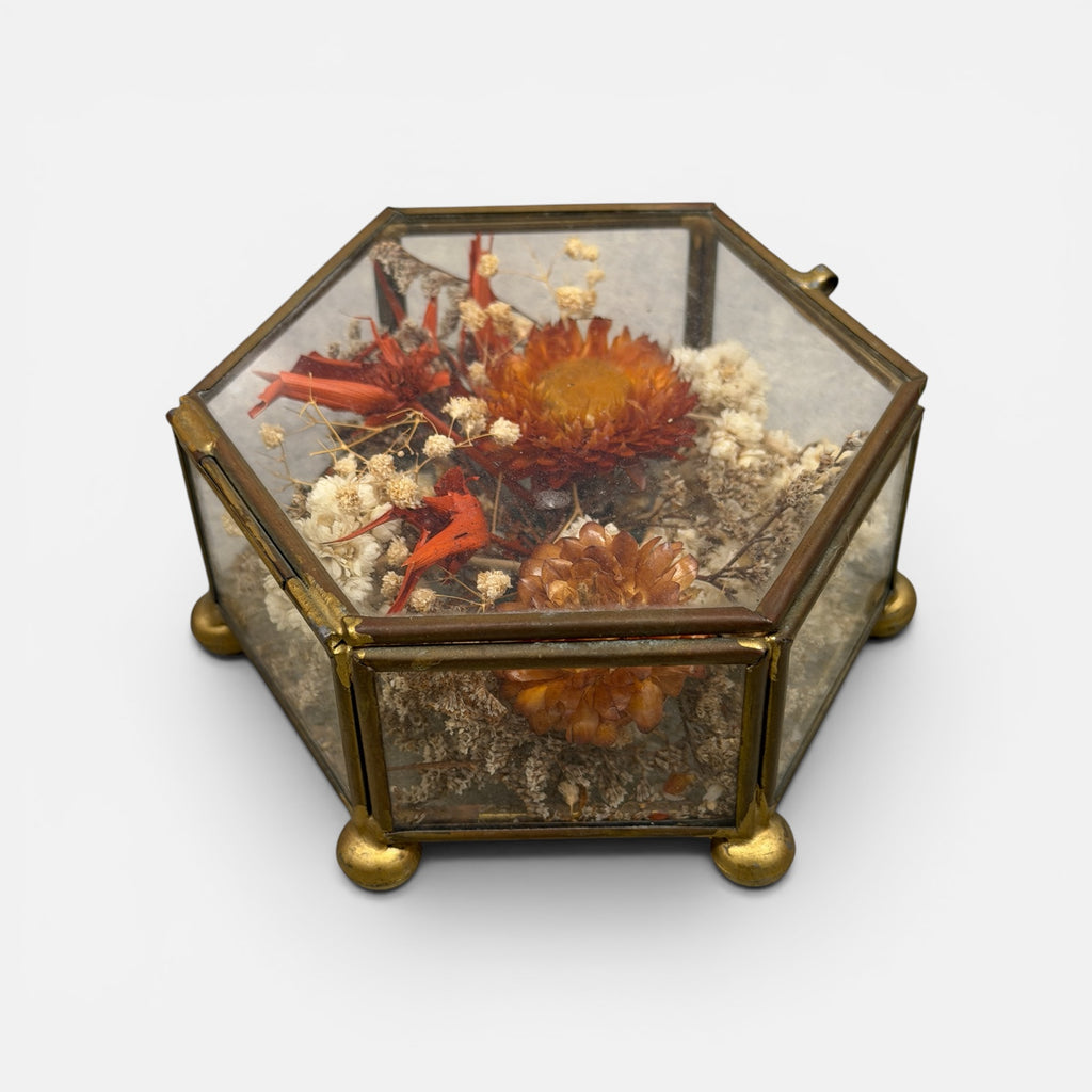 Vintage Glass and Brass Geometric Trinket Box w/ Dried Flowers