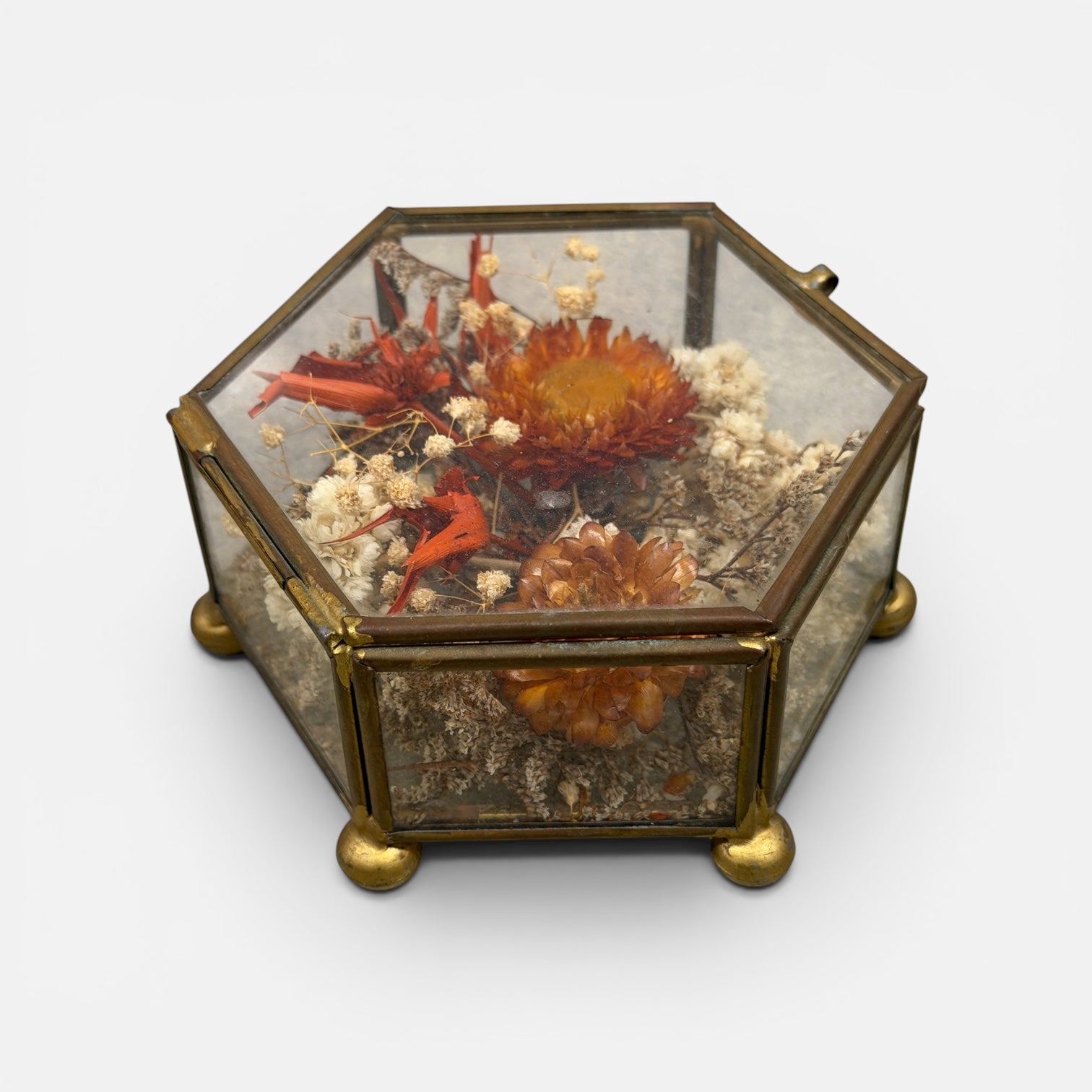 Vintage Glass and Brass Geometric Trinket Box w/ Dried Flowers