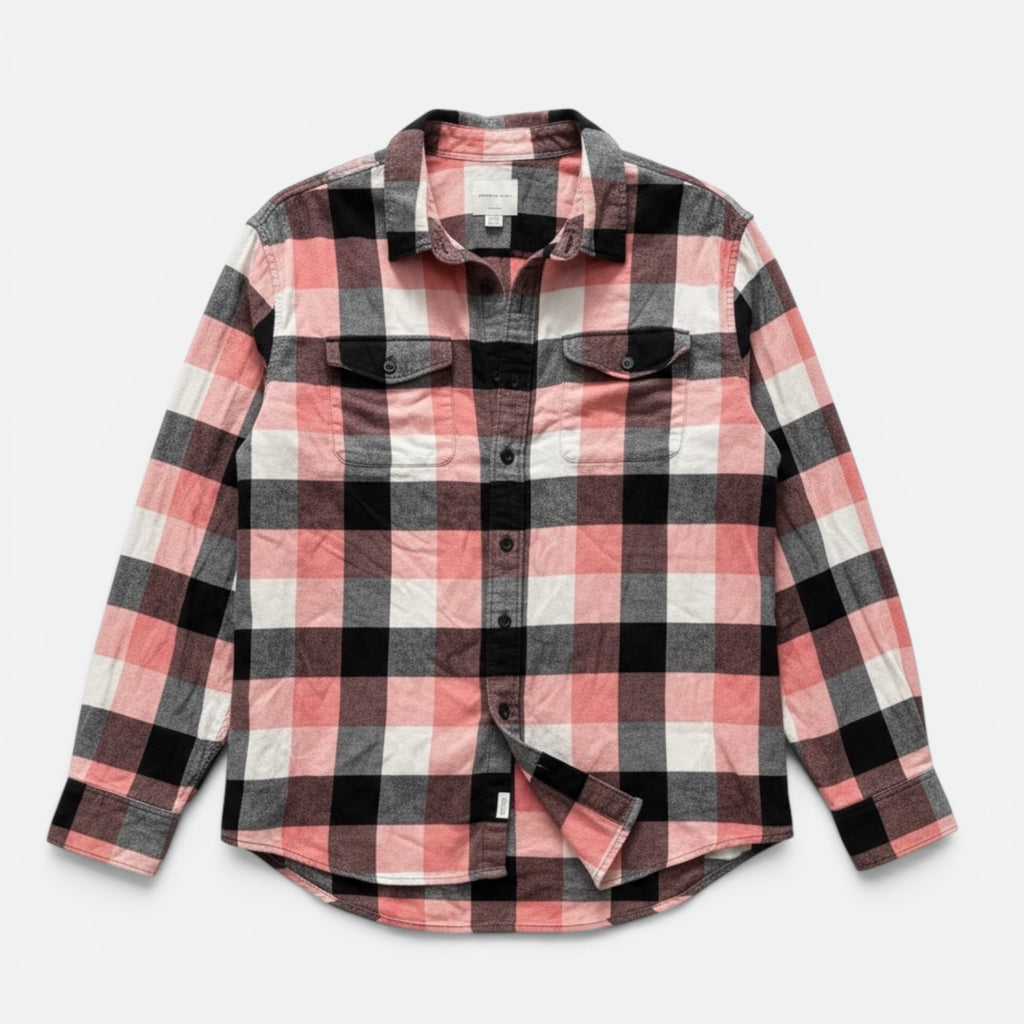 American Eagle Outfitters Pink and Black Plaid Flannel Shirt Size:XL