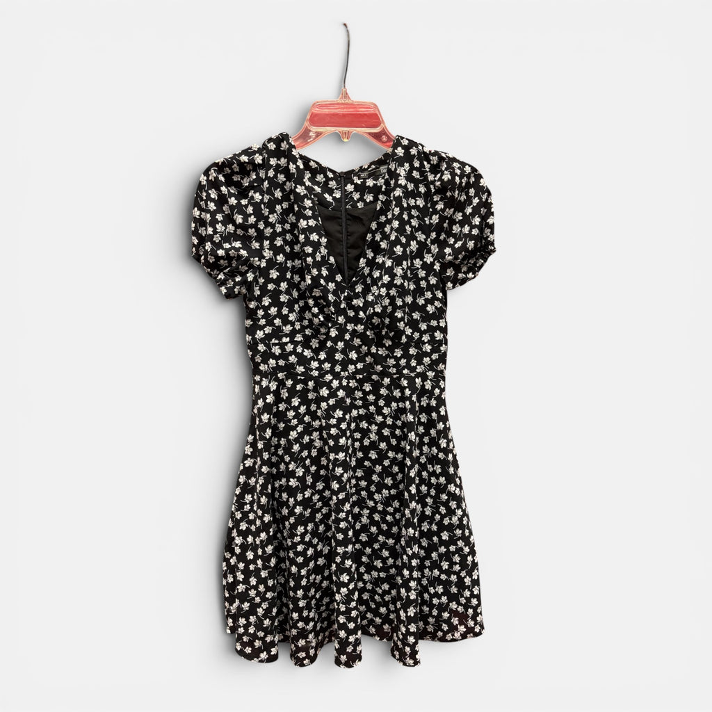 Black Floral Print Puff Sleeve Mini Dress Size: S