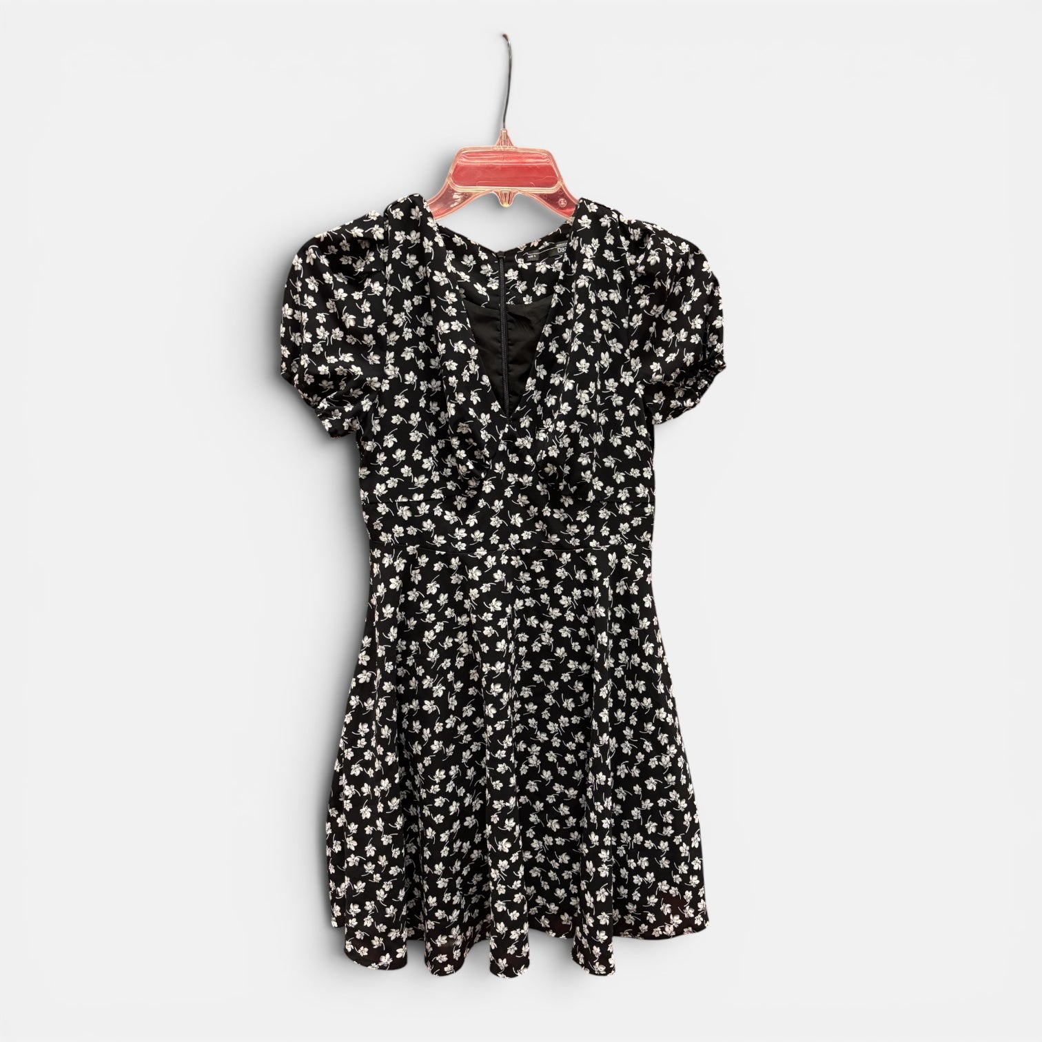 Black Floral Print Puff Sleeve Mini Dress Size: S