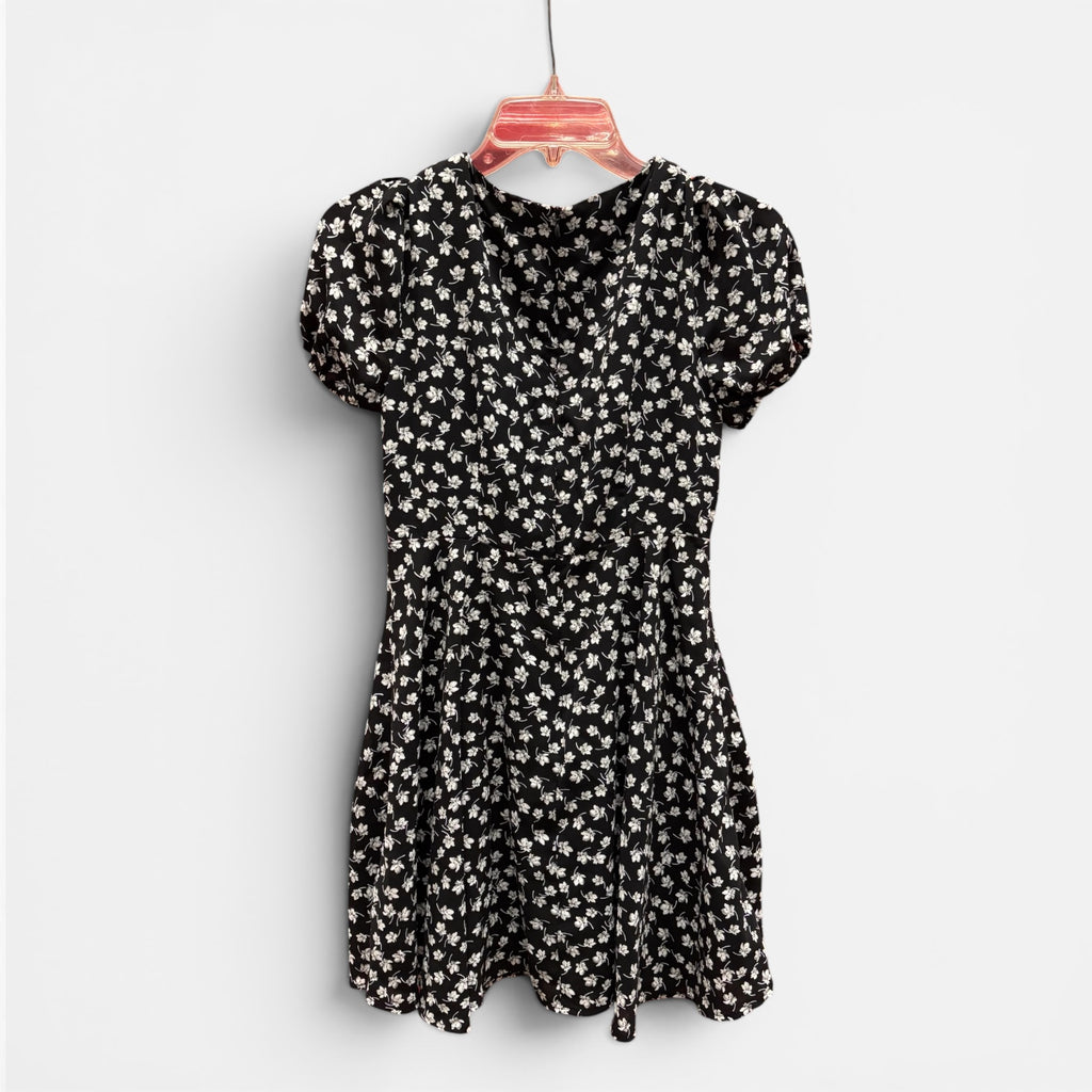 Black Floral Print Puff Sleeve Mini Dress Size: S