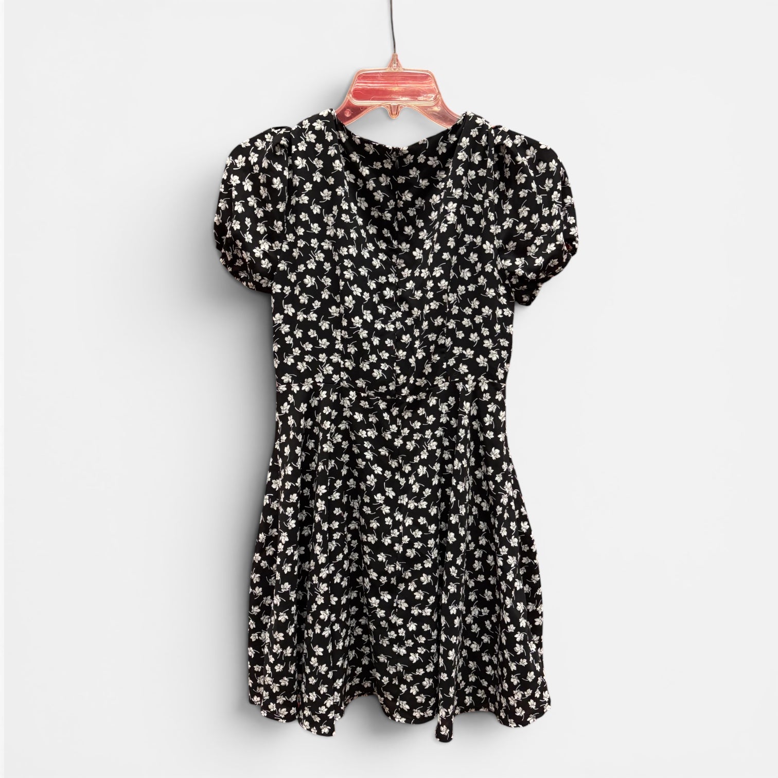 Black Floral Print Puff Sleeve Mini Dress Size: S