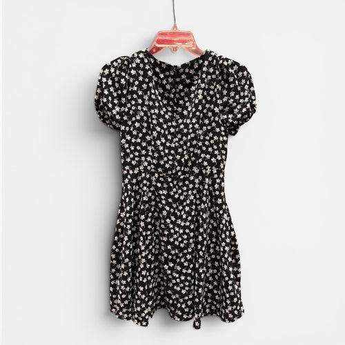 Black Floral Print Puff Sleeve Mini Dress Size: S