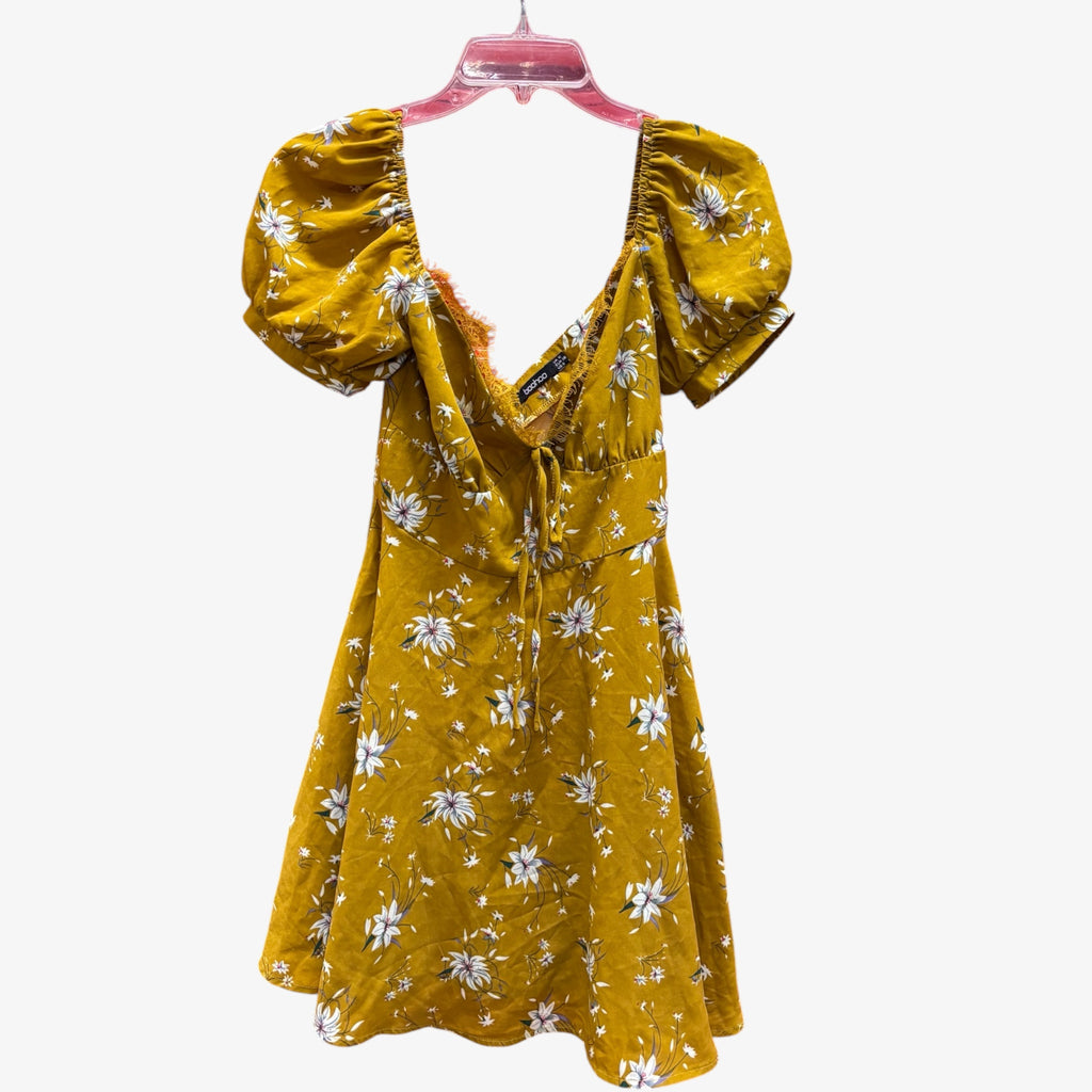 Yellow Floral Puff-Sleeve Mini Dress Size: 6