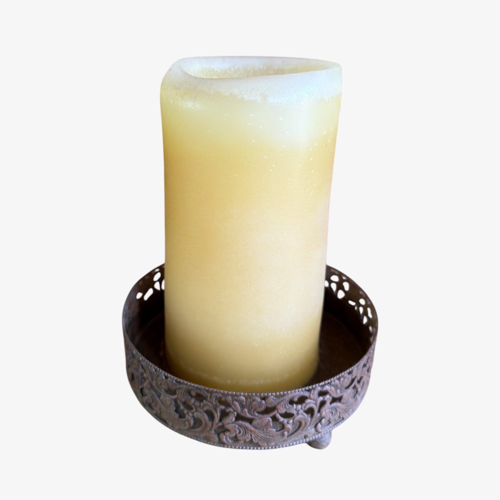 Ivory Lavender Scented Pillar Candle with Vintage Rustic, Decorative Brown Metal Candle Holder