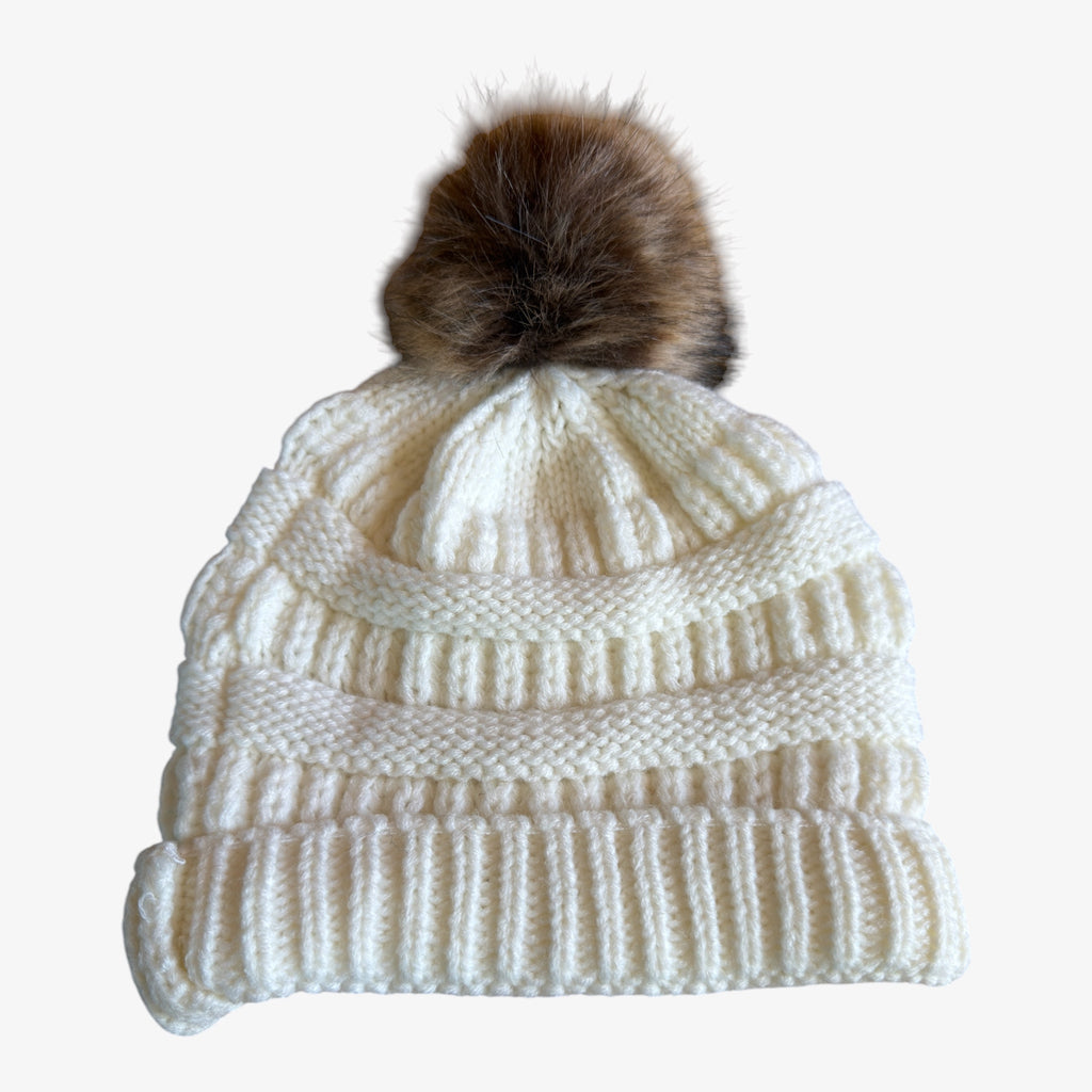 Gertex Ivory White Cable Knit Faux Fur Pom Pom Beanie Hat