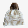 Gertex Ivory White Cable Knit Faux Fur Pom Pom Beanie Hat