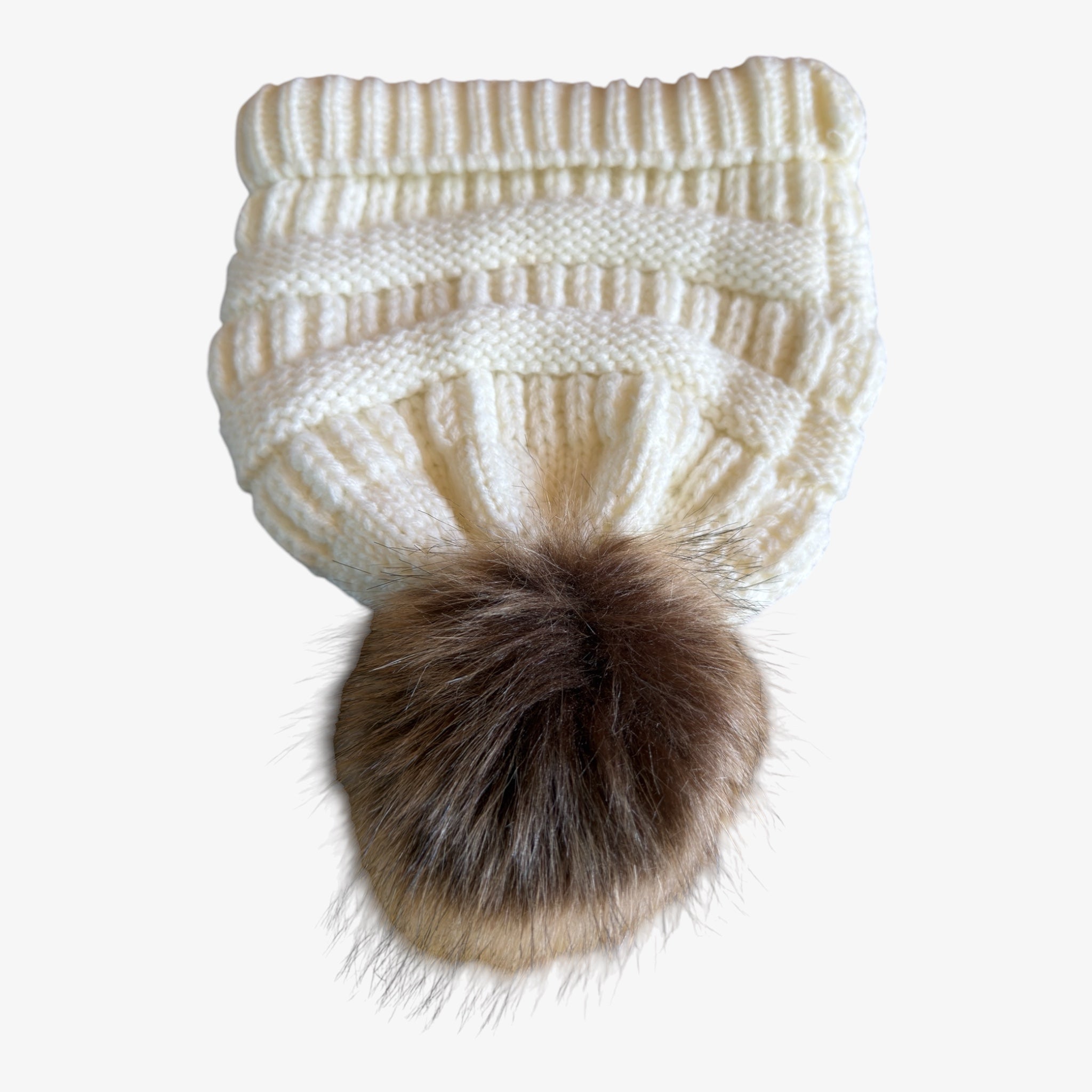 Gertex Ivory White Cable Knit Faux Fur Pom Pom Beanie Hat