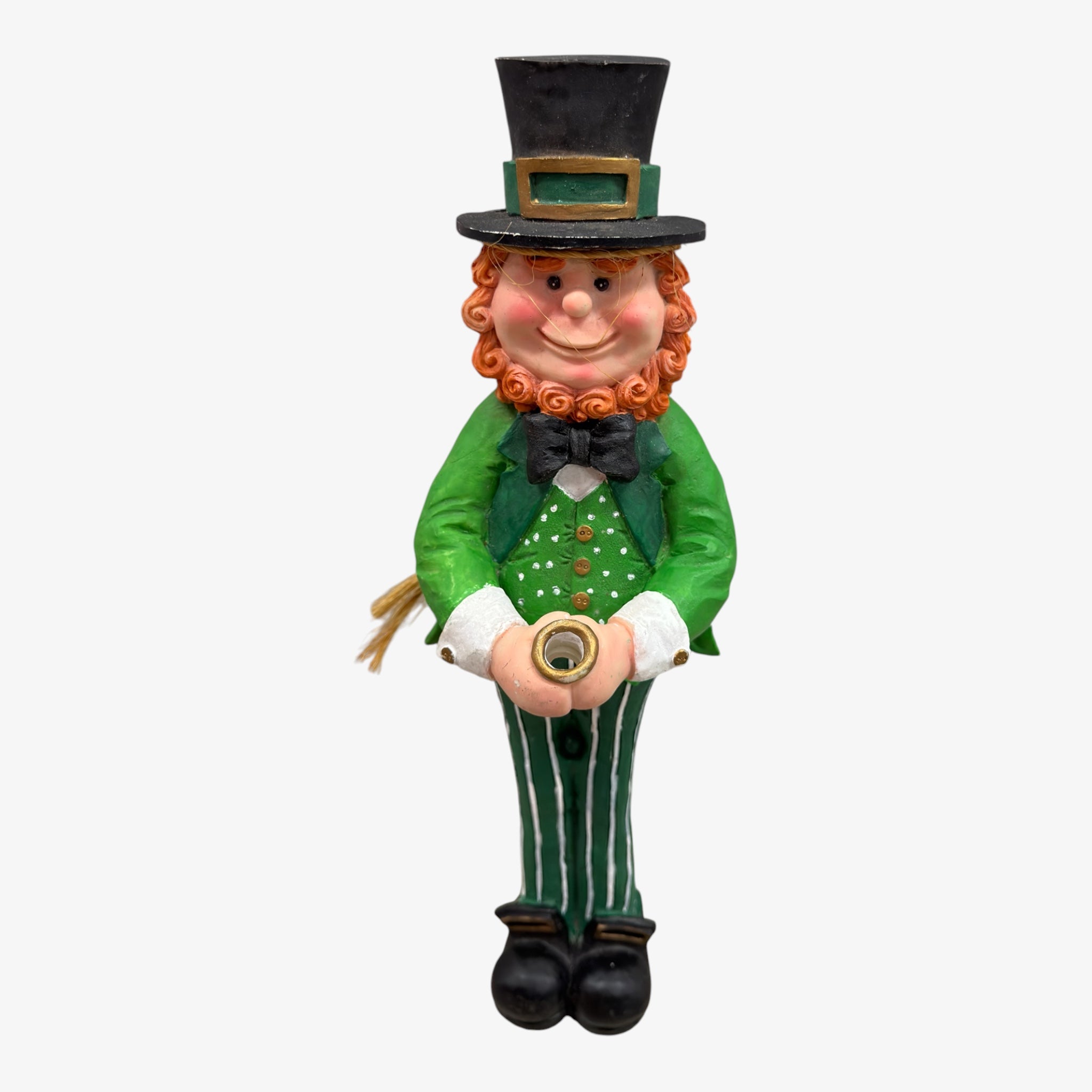 Saint Patricks Day Statue Lucky leprechaun Green Resin Figurine with Irish Hat Shamrock Ready to Hang 15"H