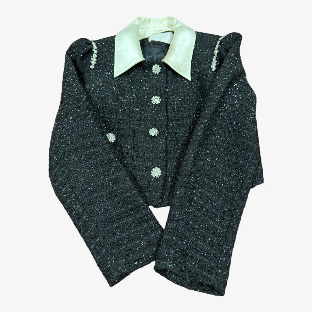 Black Tweed Jacket Contrasting Satin Collar w/Floral Rhinestone Buttons Size: S