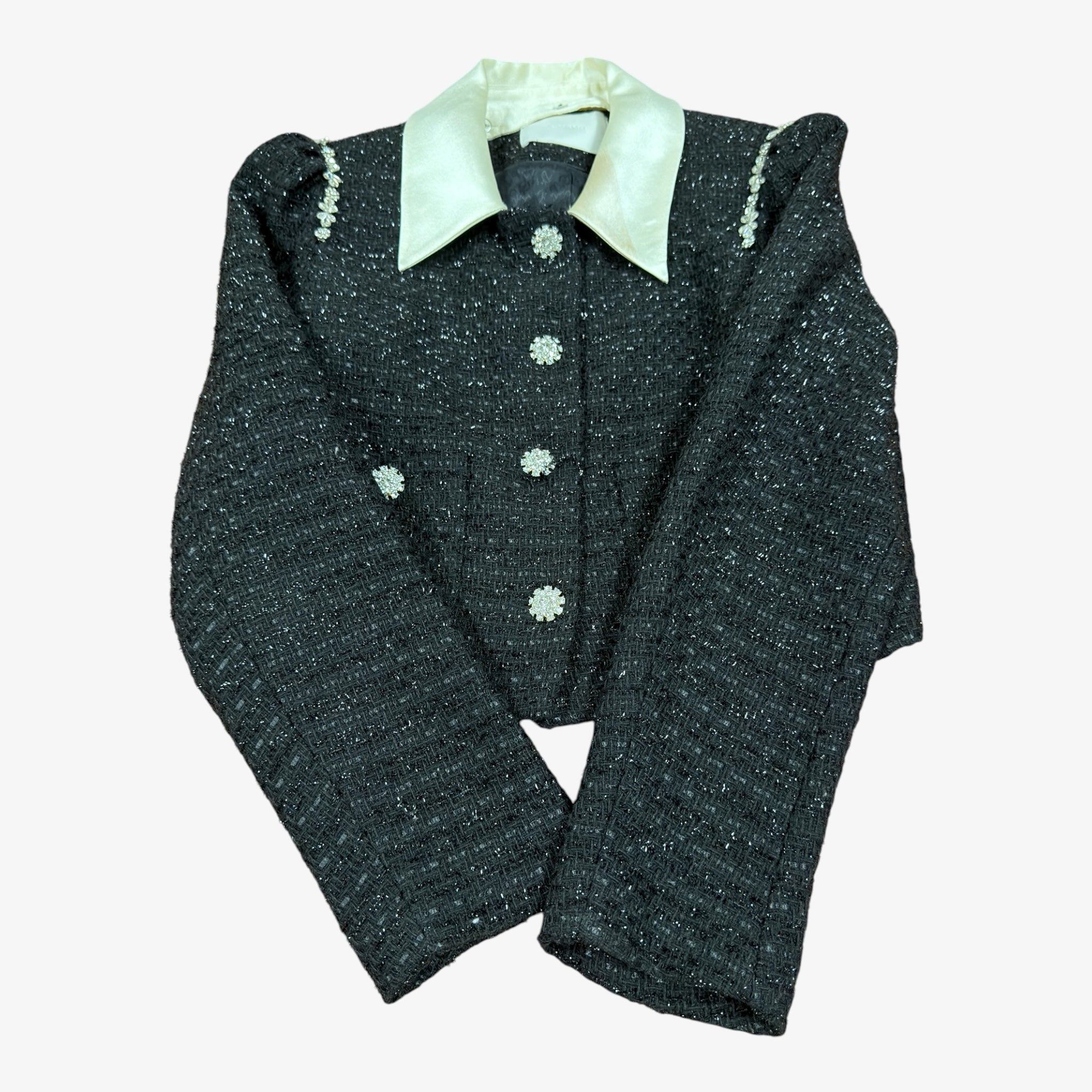 Black Tweed Jacket Contrasting Satin Collar w/Floral Rhinestone Buttons Size: S