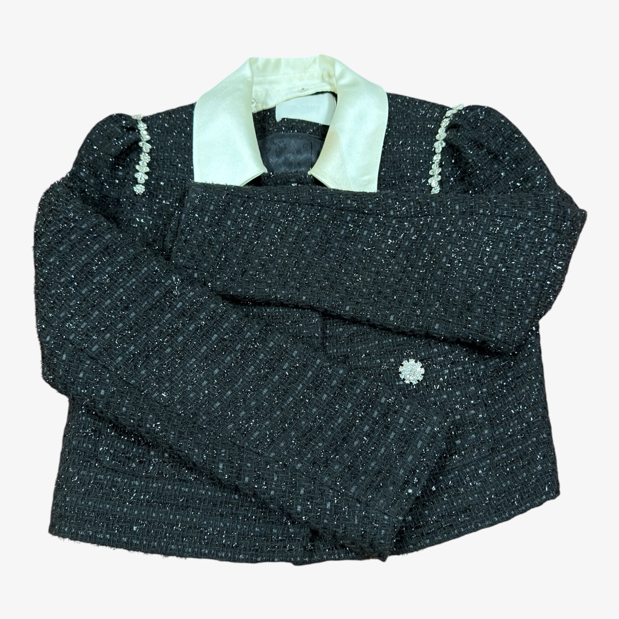 Black Tweed Jacket Contrasting Satin Collar w/Floral Rhinestone Buttons Size: S