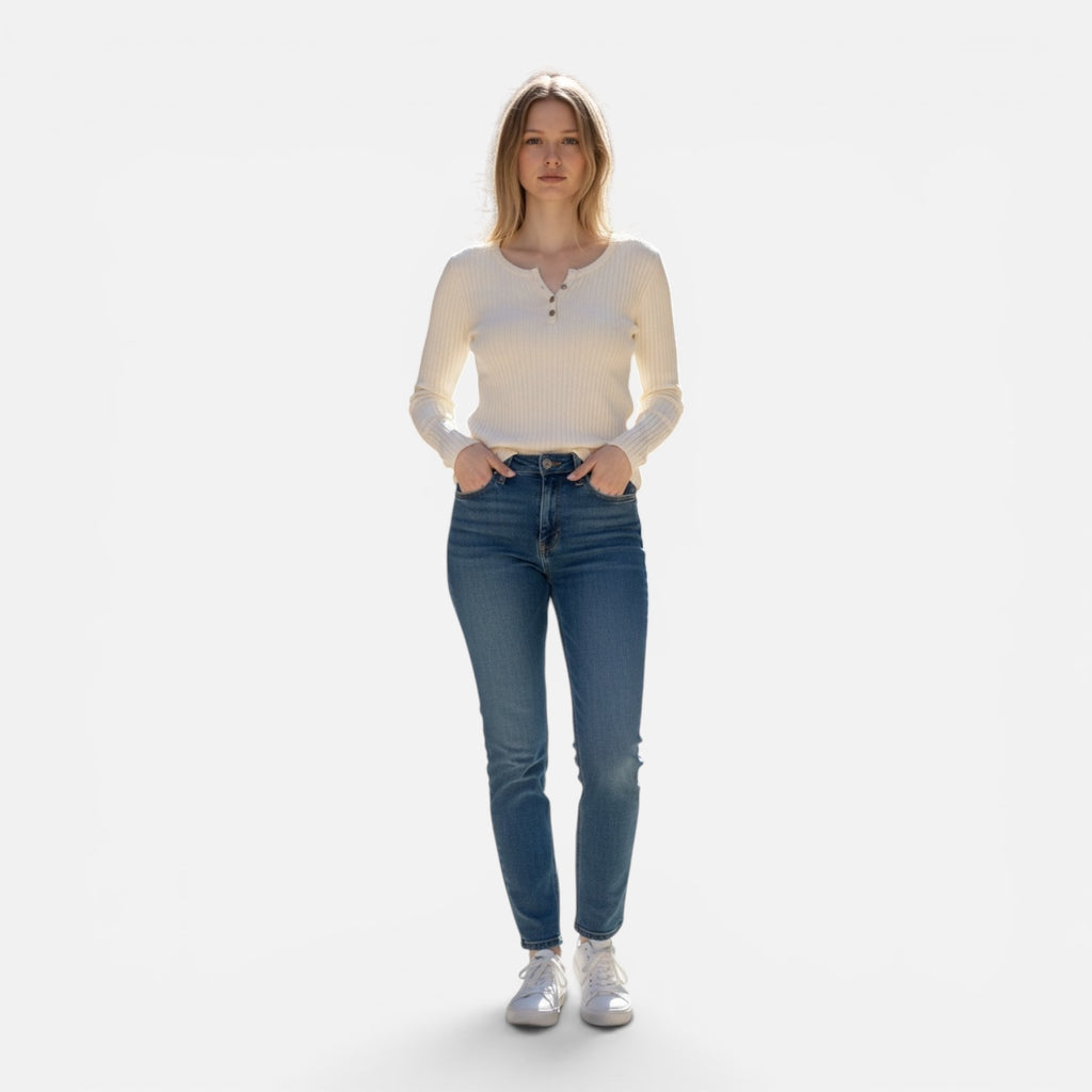 White Ribbed Long-Sleeve Henley Top Size: XS