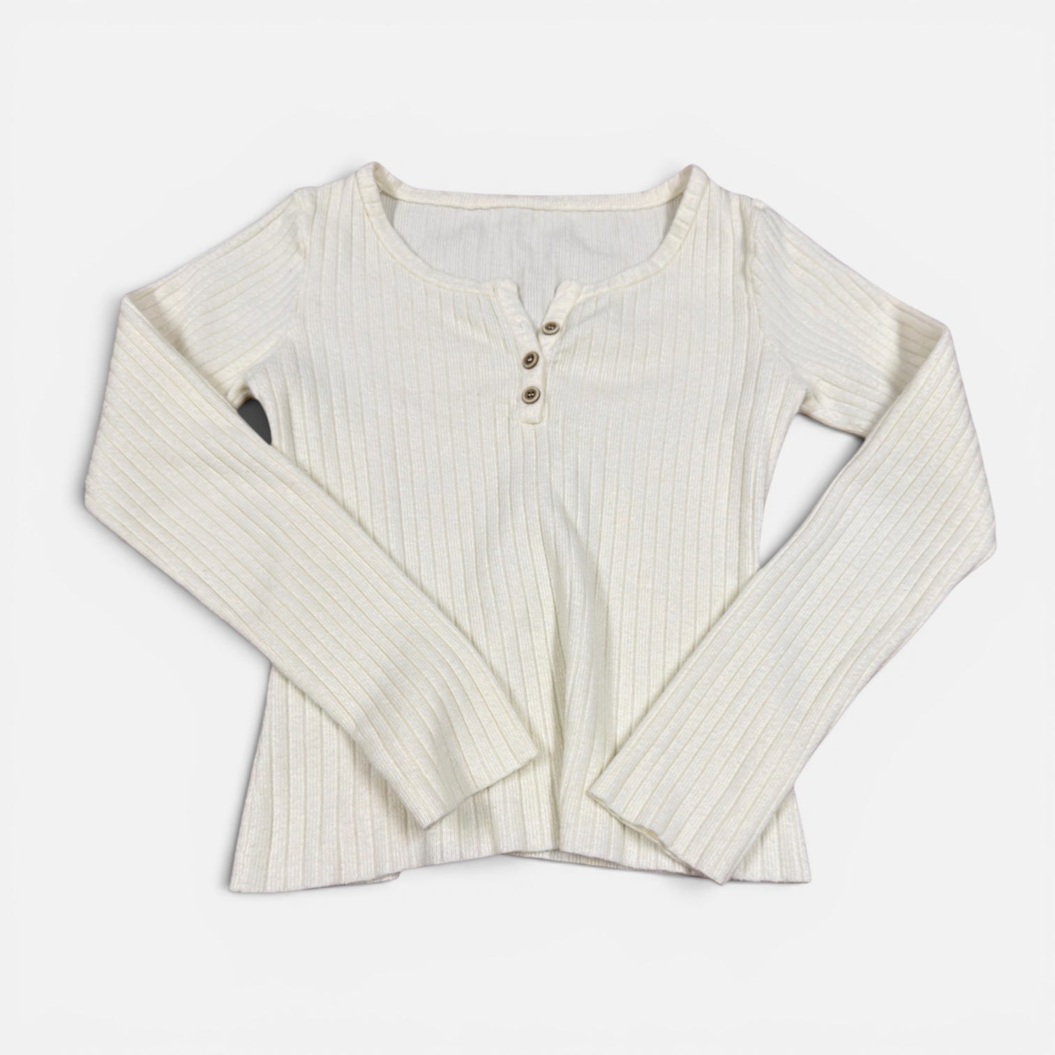 White Ribbed Long-Sleeve Henley Top Size: XS