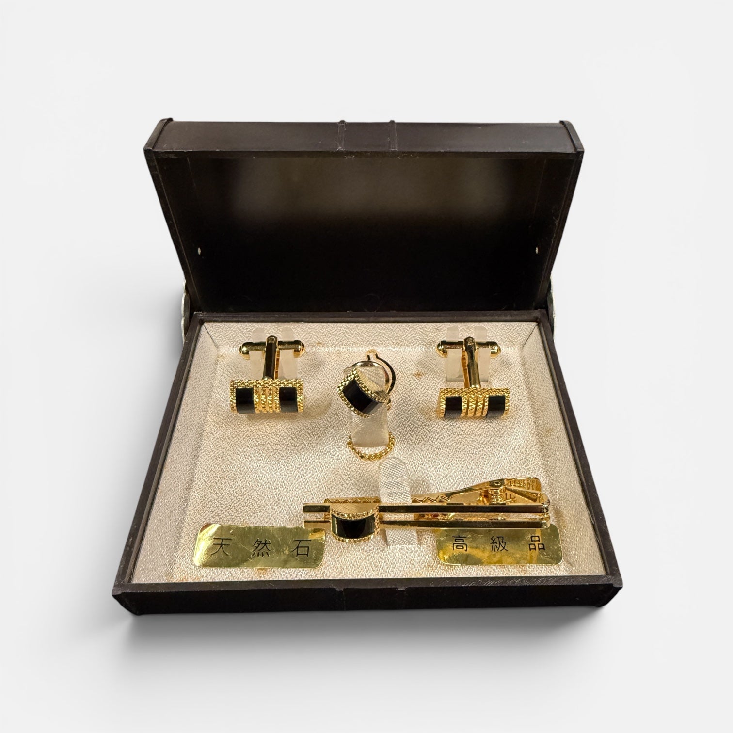 Vintage Genuine Onyx & Goldtone Cufflinks Tie Bar Clip Set