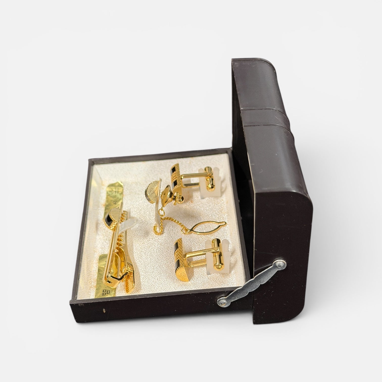 Vintage Genuine Onyx & Goldtone Cufflinks Tie Bar Clip Set
