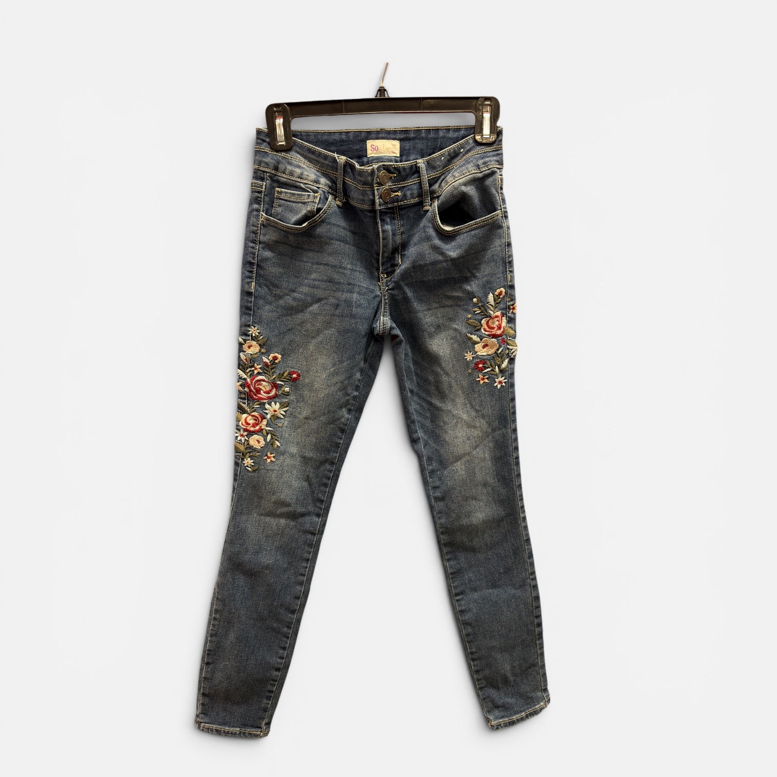 So Dark Wash Floral Embroidered Skinny Jeans Girl's Size: 14