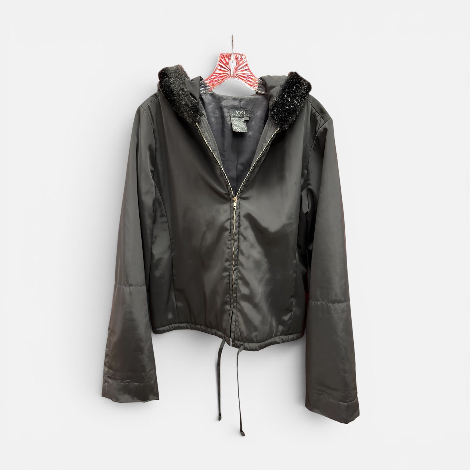 BCBG Black Hooded Coat Jacket Size: L