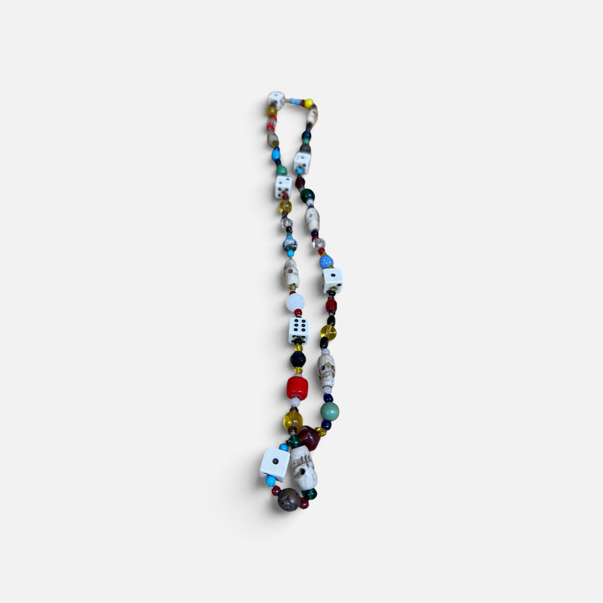 Handmade Colorful Beaded Necklace Features Quirky Dice and Skull Charms