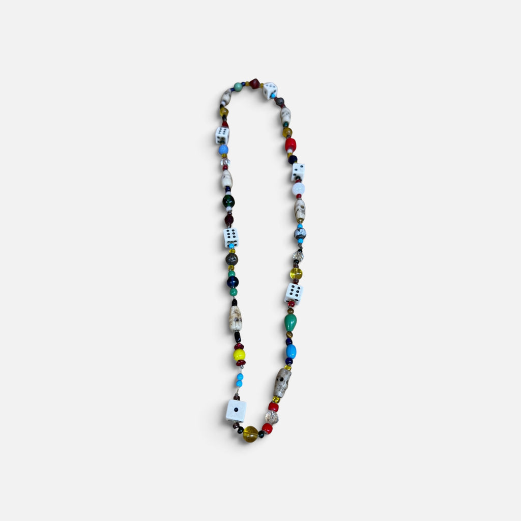 Handmade Colorful Beaded Necklace Features Quirky Dice and Skull Charms