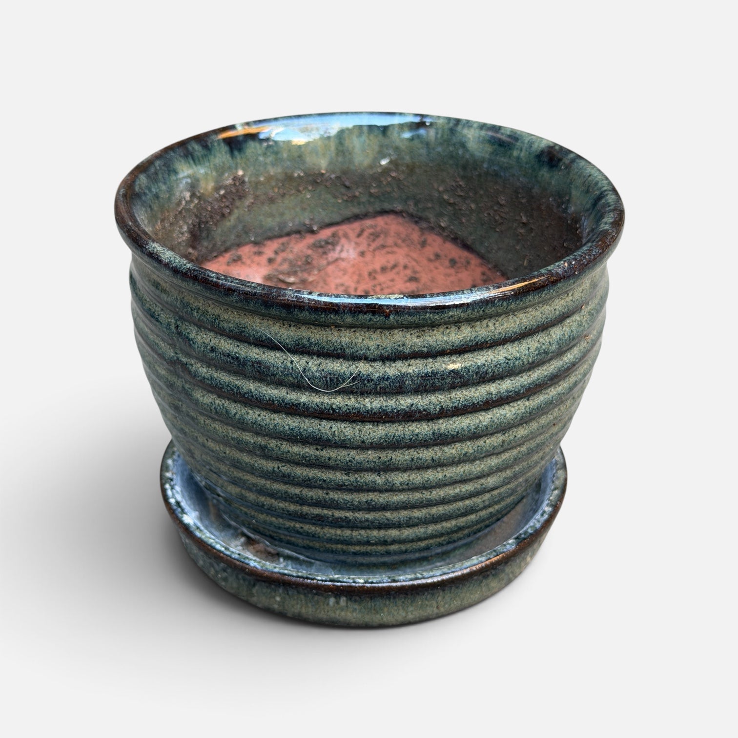 Handmade Glazed Ceramic Planter Honeycomb Style w/ Attached Saucer 6"H