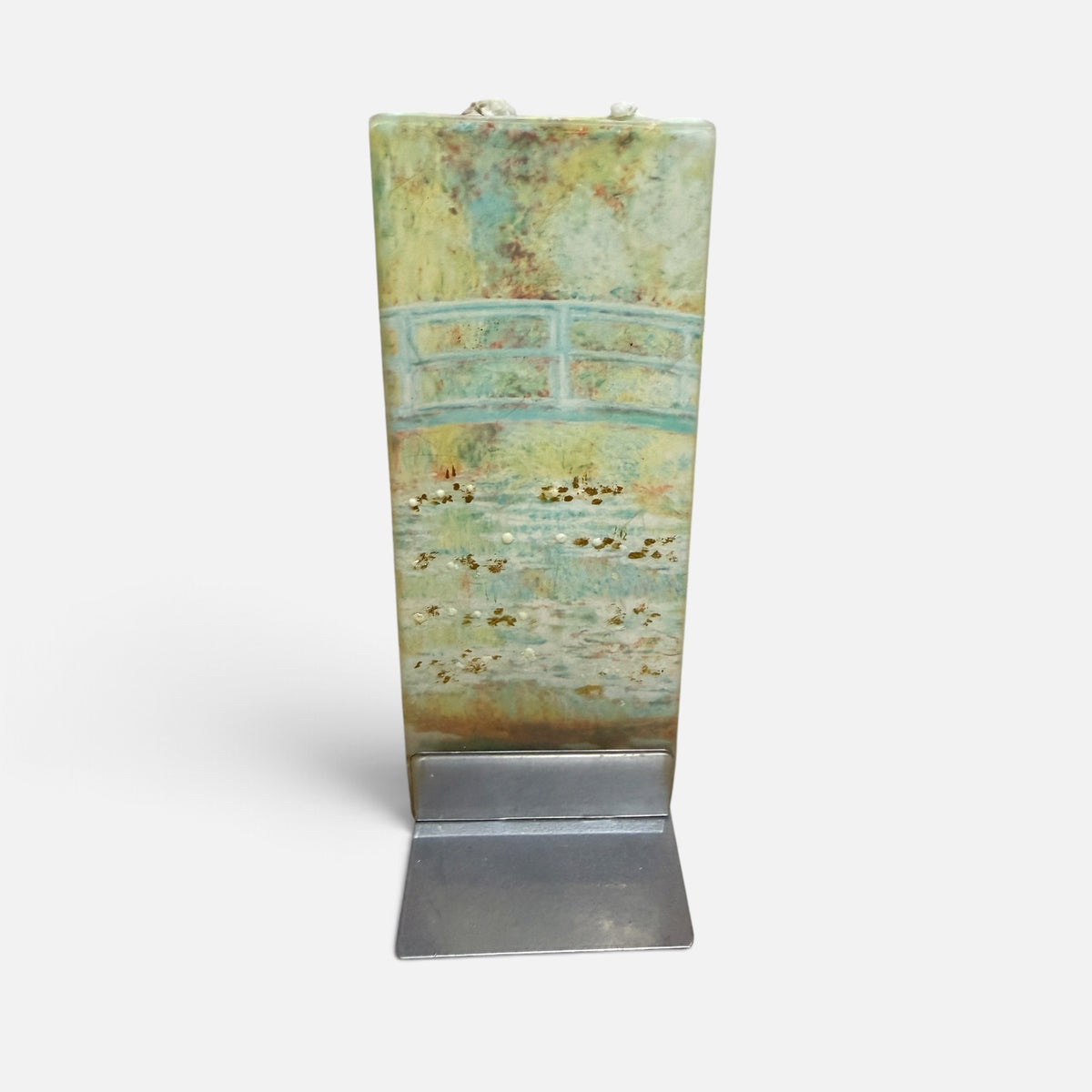 Hand Painted Flat Candle-Monet’s Japanese Footbridge -Double Wick with Metal Base 2.4" x 5.9"
