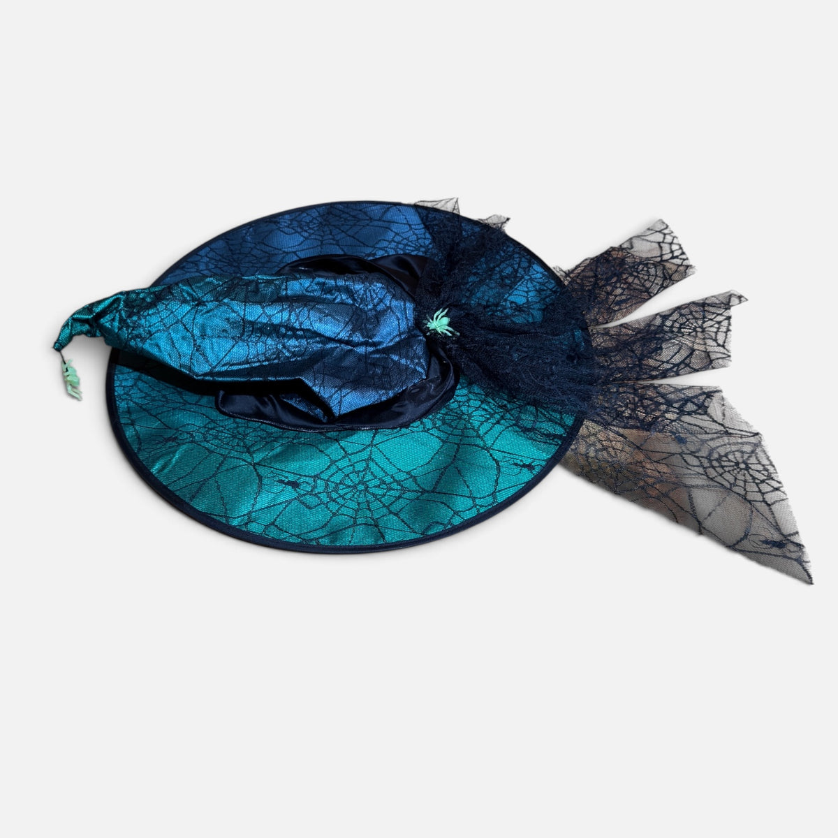 Shimmering Teal and Blue Metallic Witch Hat with Spiderweb Veil 19'D