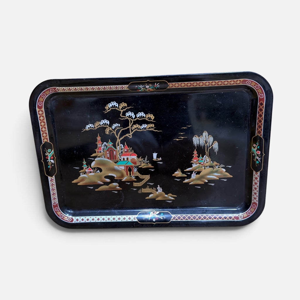 Vintage Chinoiserie Black Metal Tin Serving Tray Made In England 13.25" x 16.25" *Volunteer Exclusives*
