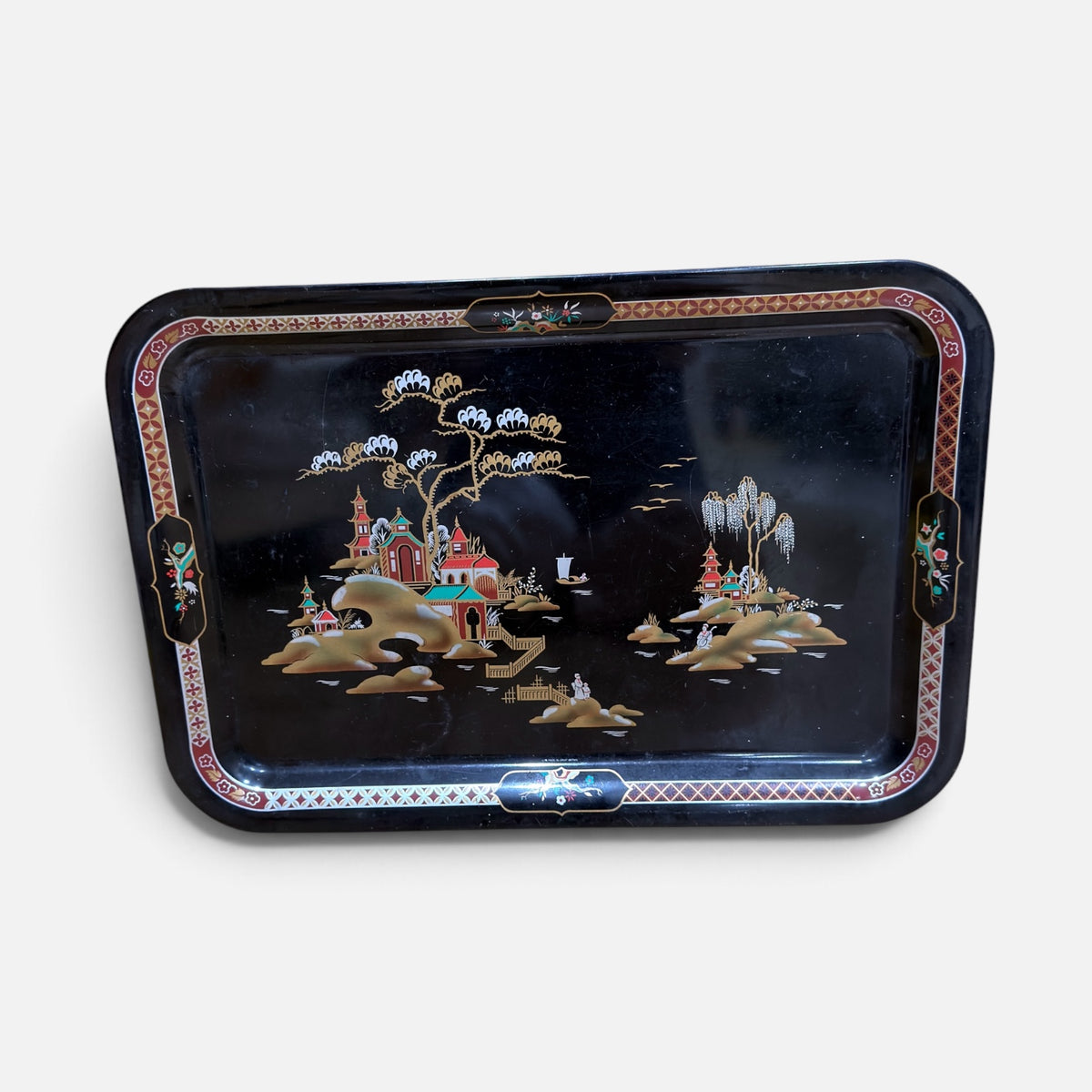 Vintage Chinoiserie Black Metal Tin Serving Tray Made In England 13.25" x 16.25" *Volunteer Exclusives*