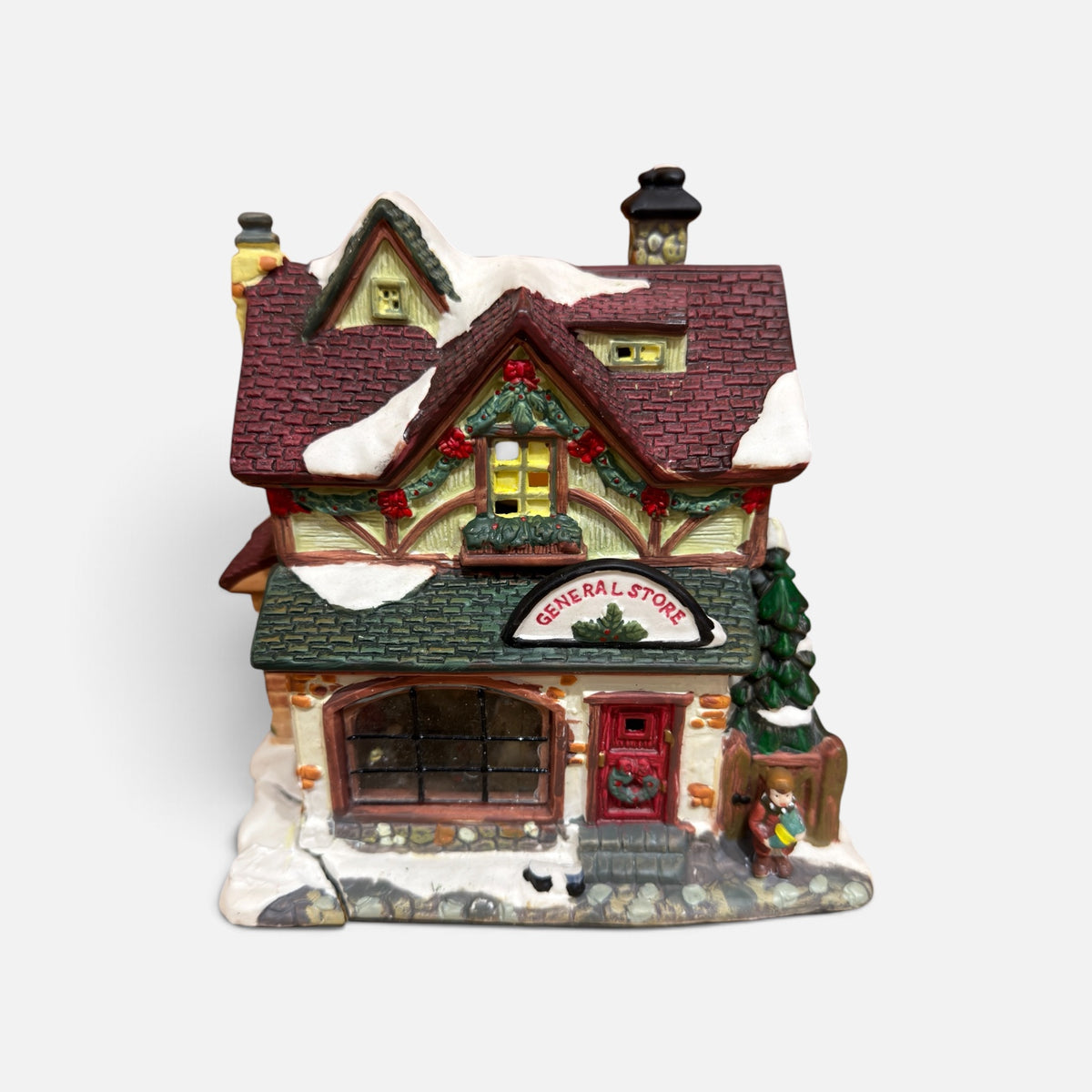 Vintage Christmas Village General Store Ceramic House 7"L x 6.5"W