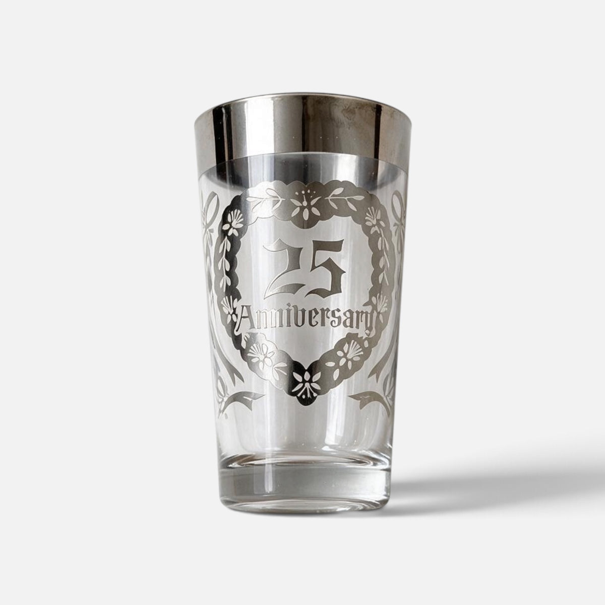 Set of 4 Vintage 1970s Silver-Rimmed 25th Anniversary Highball Glass Tumbler 12oz *Volunteer Exclusives*
