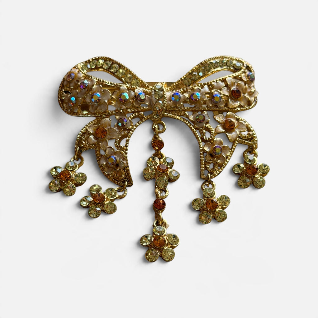 Vintage Gold Bow & Crystal Dangle Floral Hair Barrette 2.5" x 3"