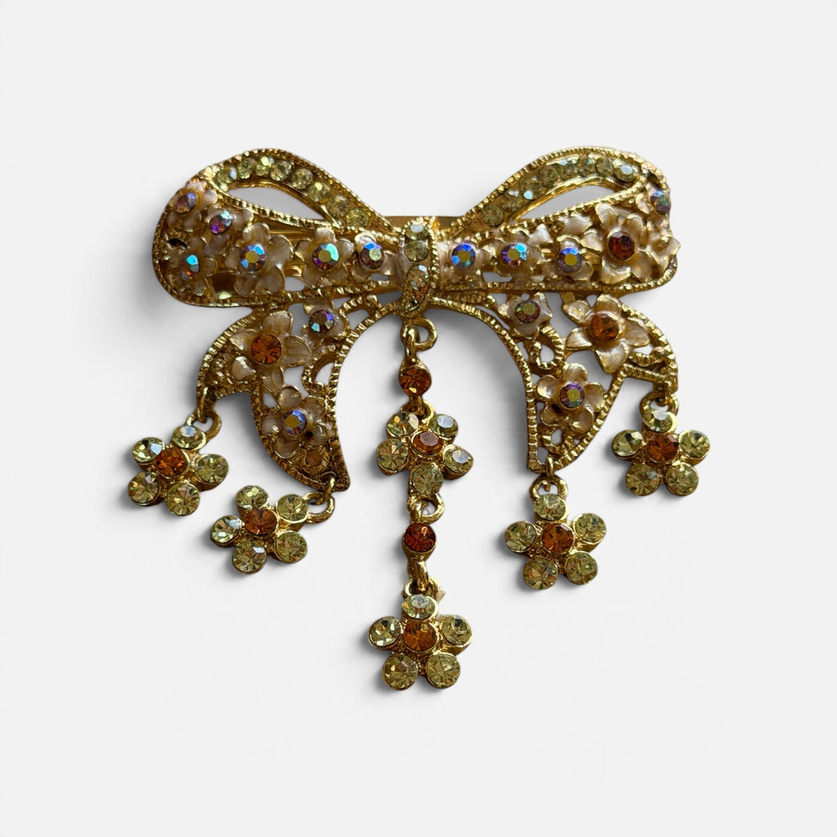 Vintage Gold Bow & Crystal Dangle Floral Hair Barrette 2.5" x 3"