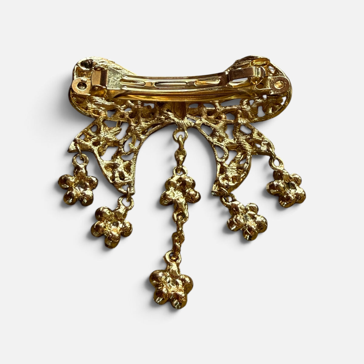Vintage Gold Bow & Crystal Dangle Floral Hair Barrette 2.5" x 3"